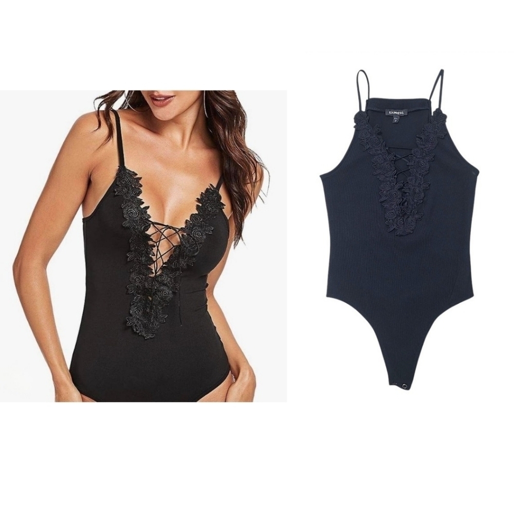 Express Ribbed Lace Up Applique Bodysuit Black Size Extra Small